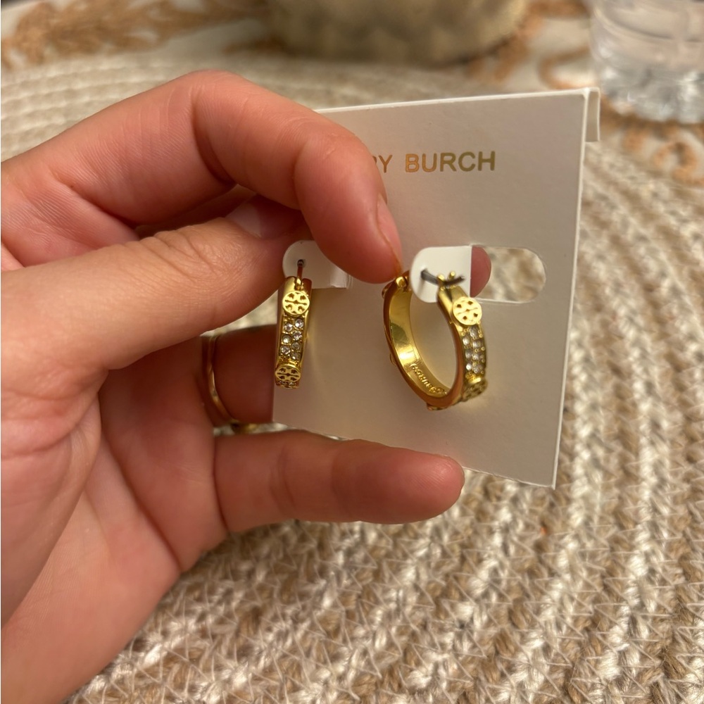 Tory Burch Gold Embellished Hoop Earrings - Picture 2 of 10